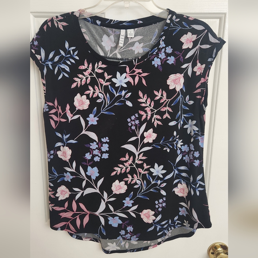 Elle Black Blouse with Pink and Blue Floral Design